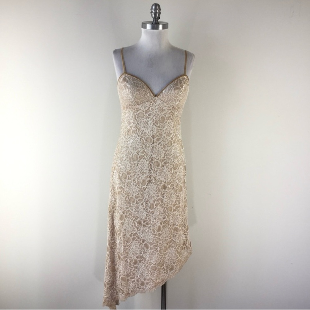 White House Black Market Gold Cream Asymmetrical Slip Dress